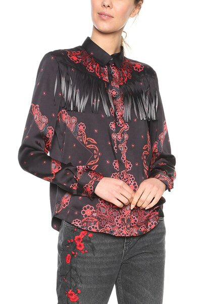 Desigual Дамска памучна риза с кожени елементи, черна с принт