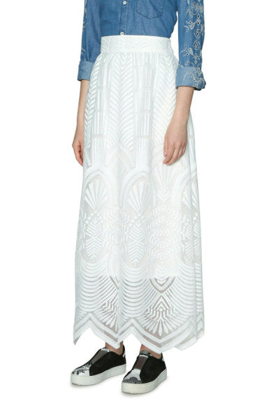 Desigual Women's long skirt, white with embroidery