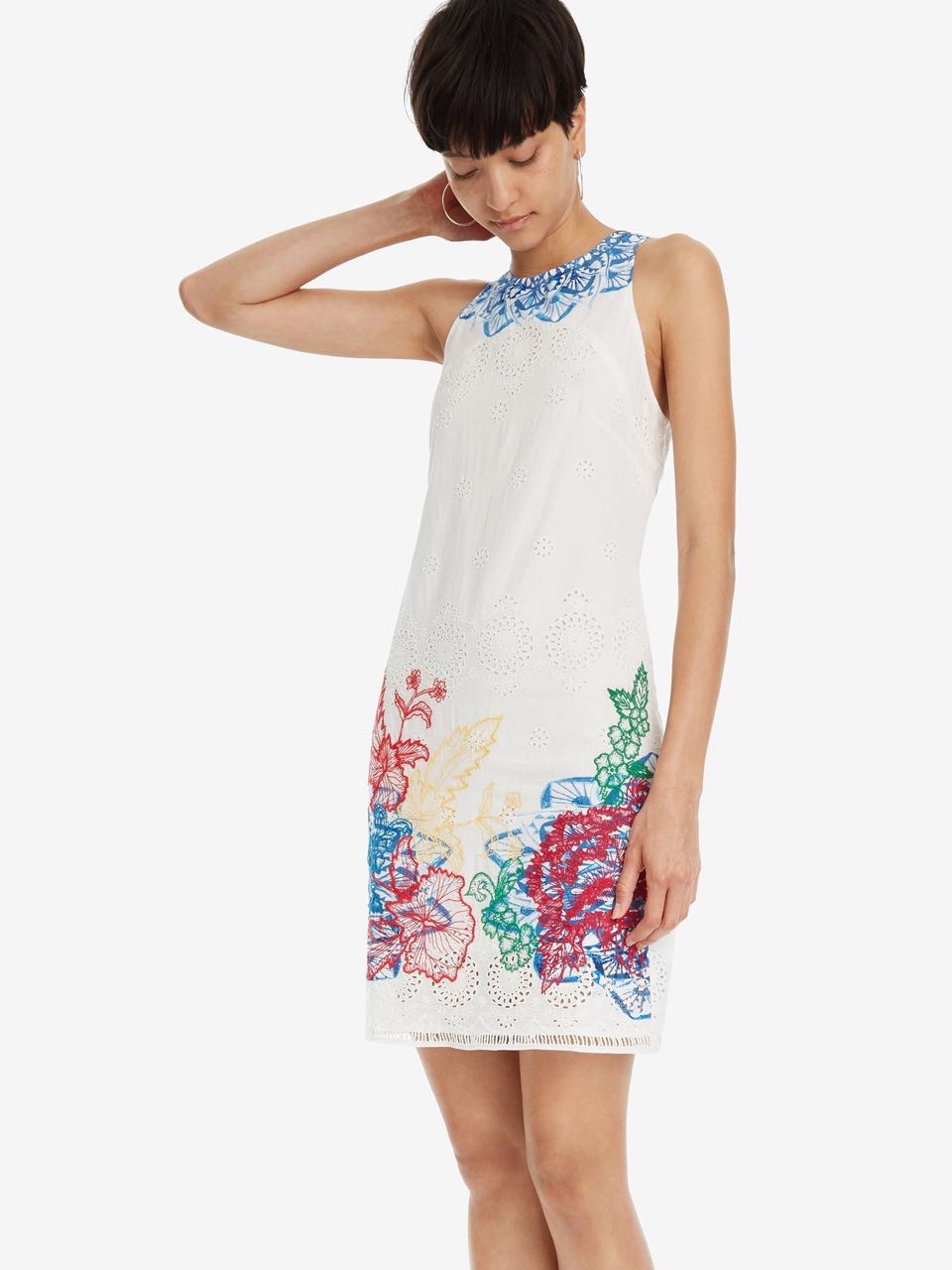 Desigual Women's cotton short dress, white with flower embroidery