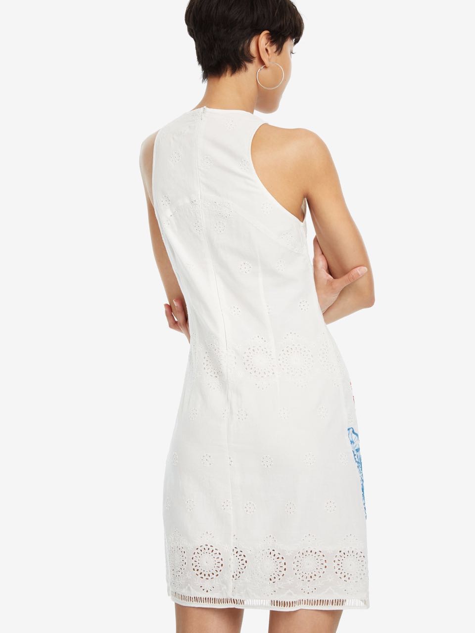 Desigual Women's cotton short dress, white with flower embroidery