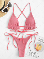 Zaful Embossed Ruffle Swimsuit Summer 2025, Pink/Coral