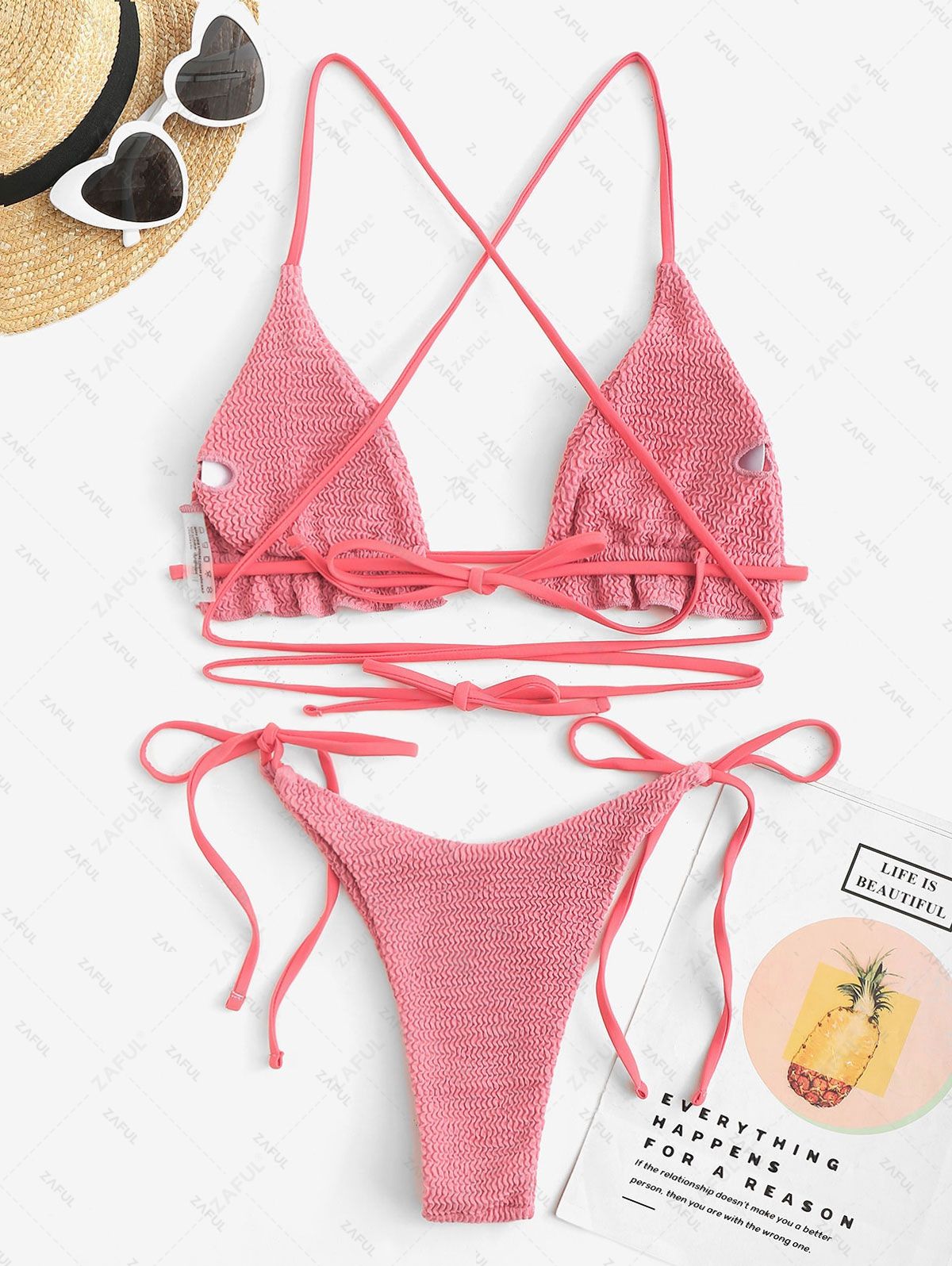 Zaful Embossed Ruffle Swimsuit Summer 2025, Pink/Coral