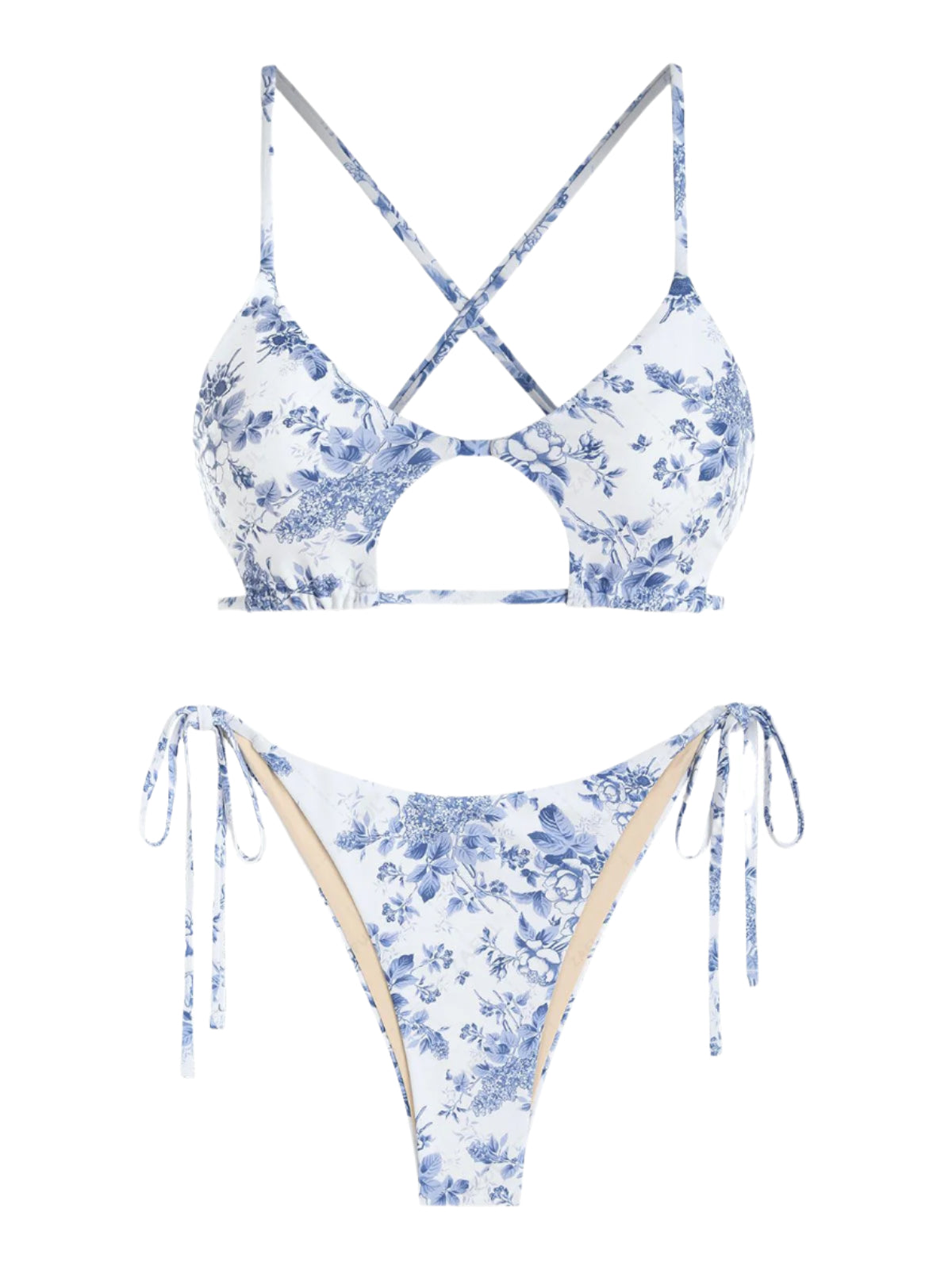 Zaful Swimsuit set, white with floral blue print