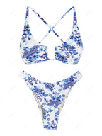 Zaful Swimsuit top and bottom, white with floral blue print