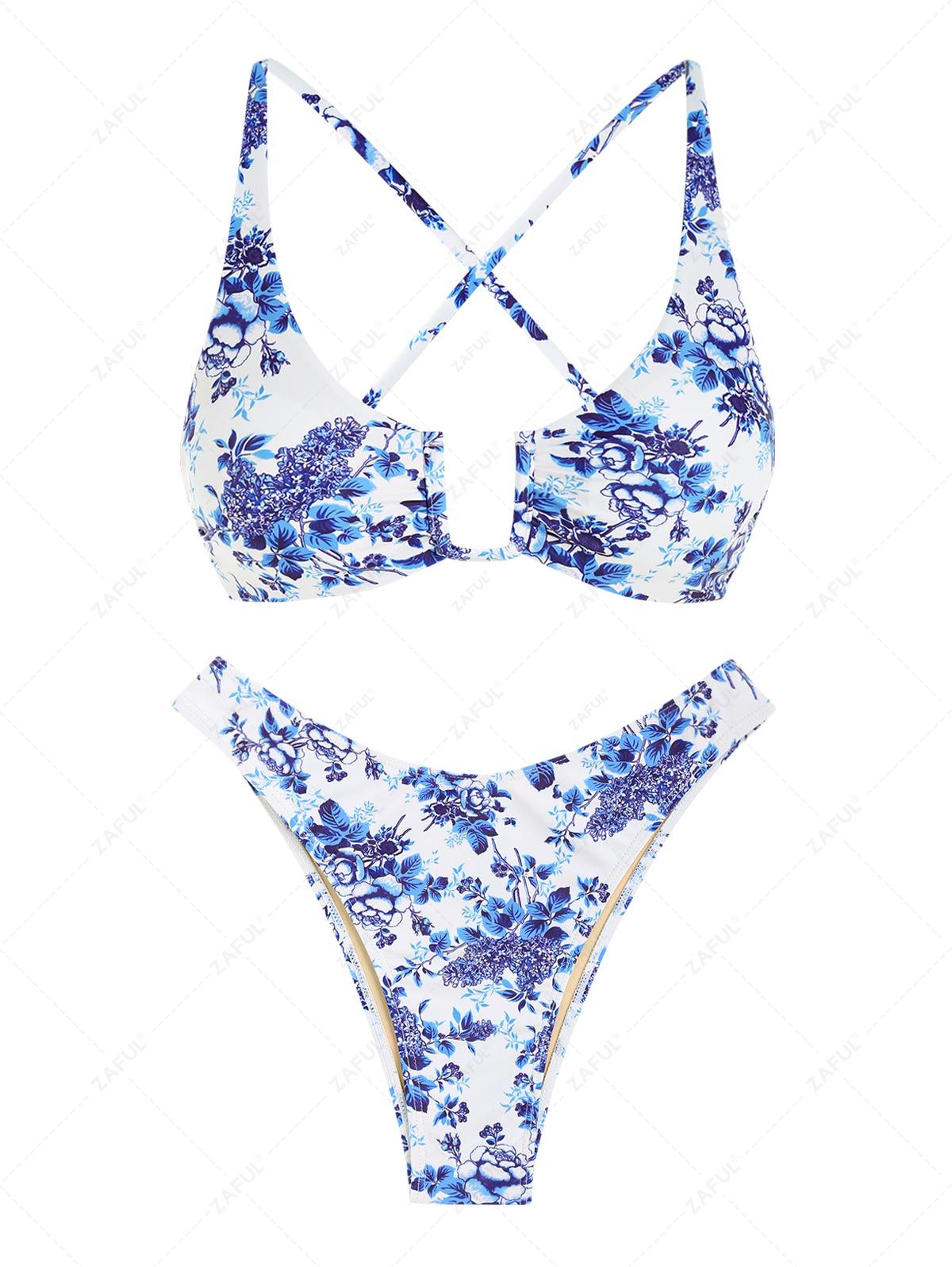 Zaful Swimsuit top and bottom, white with floral blue print