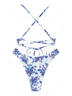 Zaful Swimsuit top and bottom, white with floral blue print