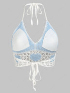Zaful Knitted Padded Top, Light Blue-White