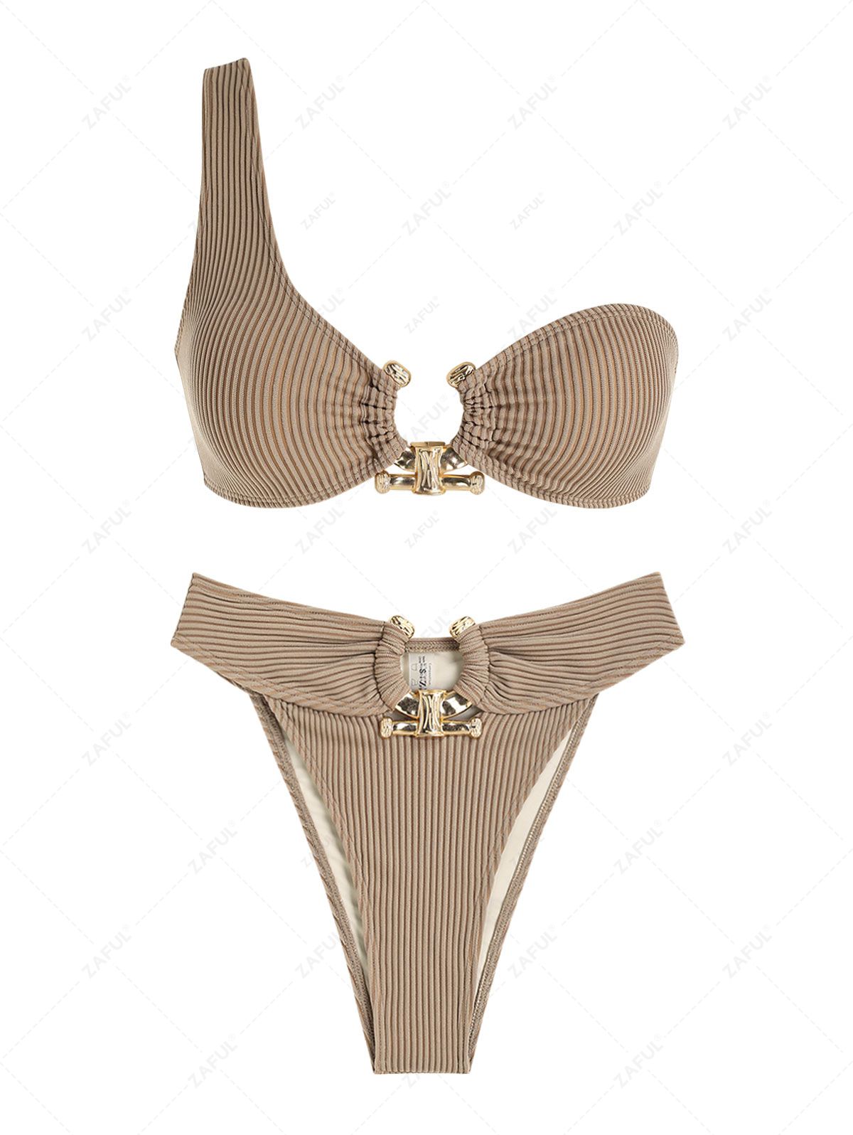 Zaful Swimsuit with golden buckle made of embossed fabric summer 2025, beige