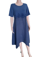 Women's blue linen dress with floral appliqués, collection 2025