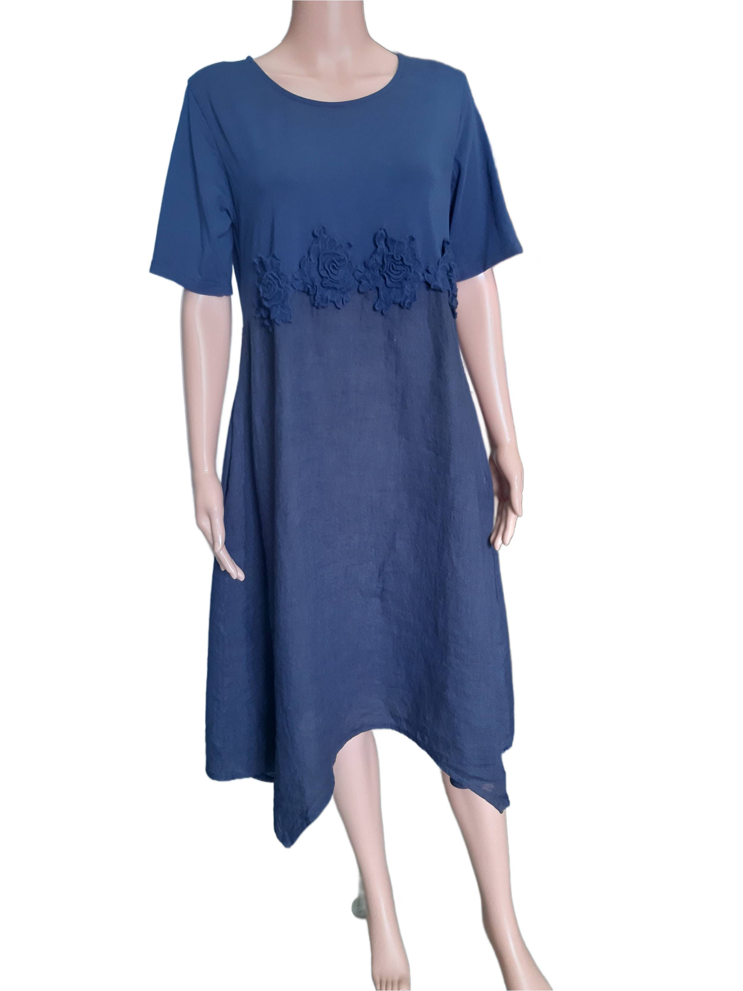 Women's blue linen dress with floral appliqués, collection 2025
