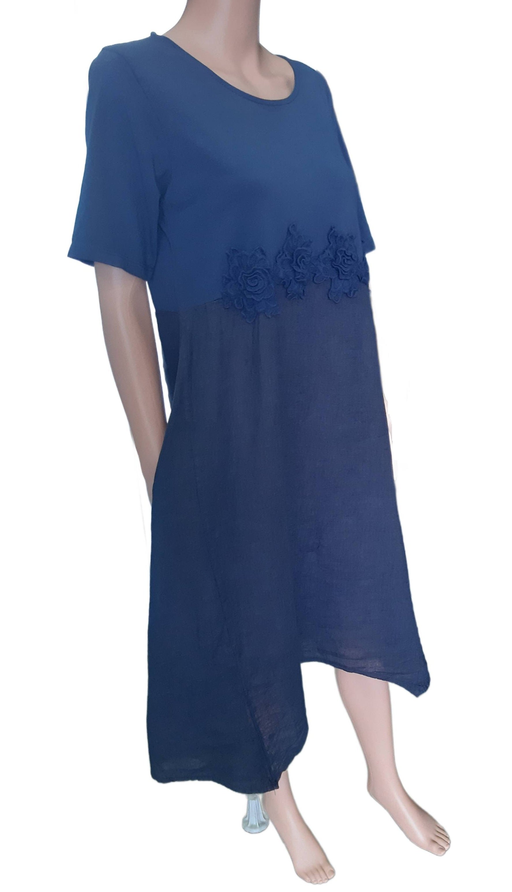 Women's blue linen dress with floral appliqués, collection 2025