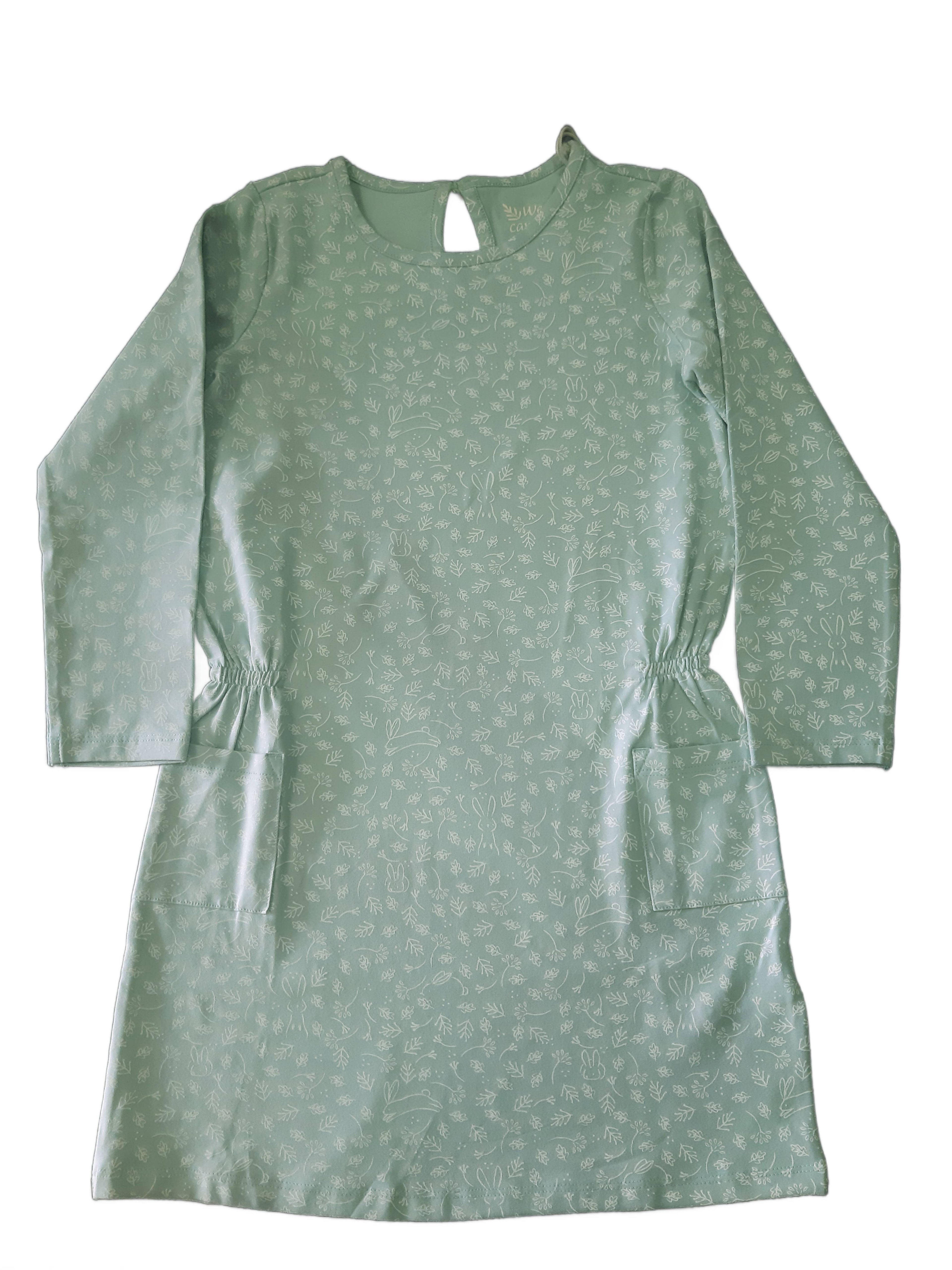 Children's cotton dress, green with print 