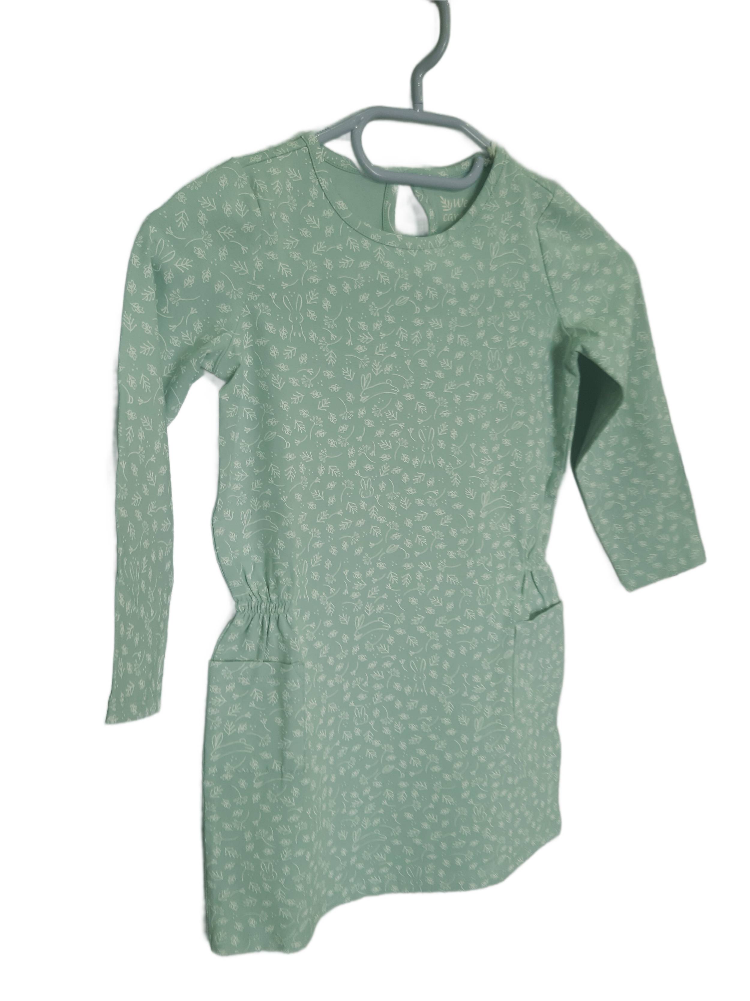 Children's cotton dress, green with print 