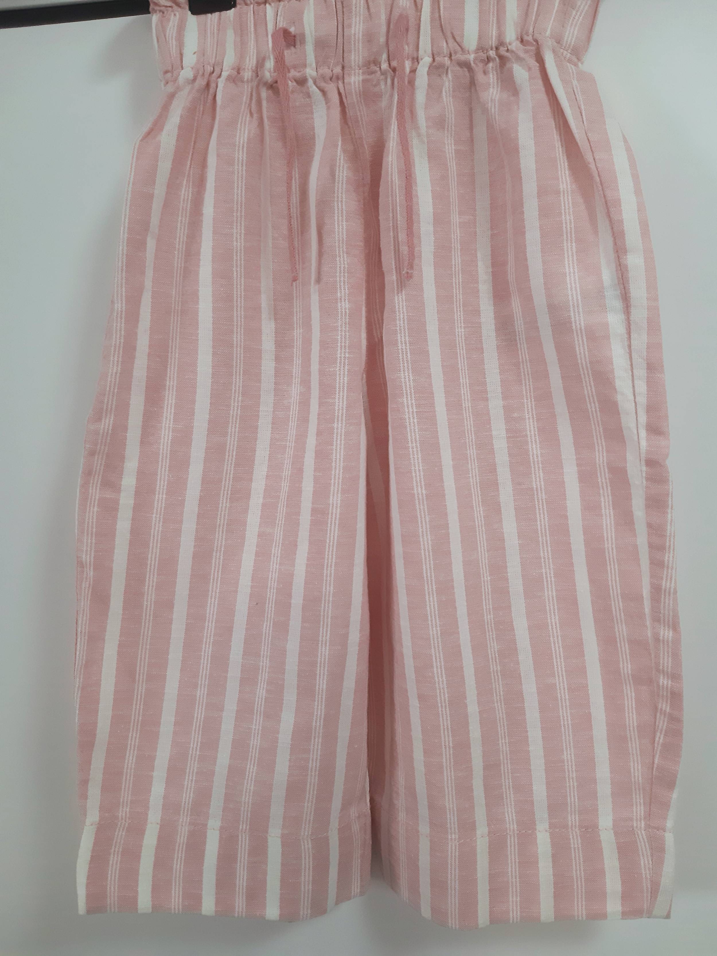 Children's linen and cotton pants for girls, pink and white stripes 