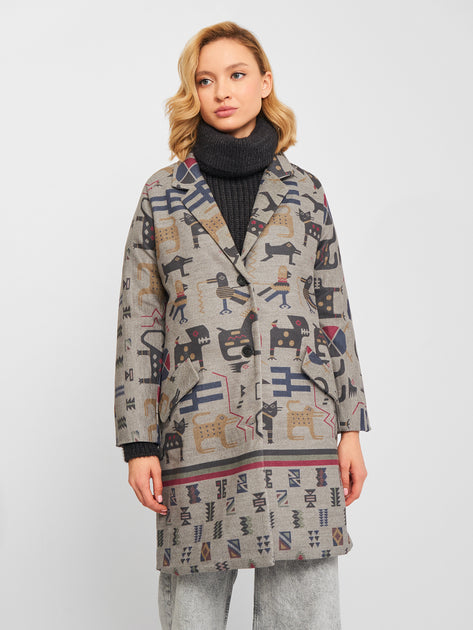 Desigual Women's Autumn-Winter Coat, Gray with Animal Print