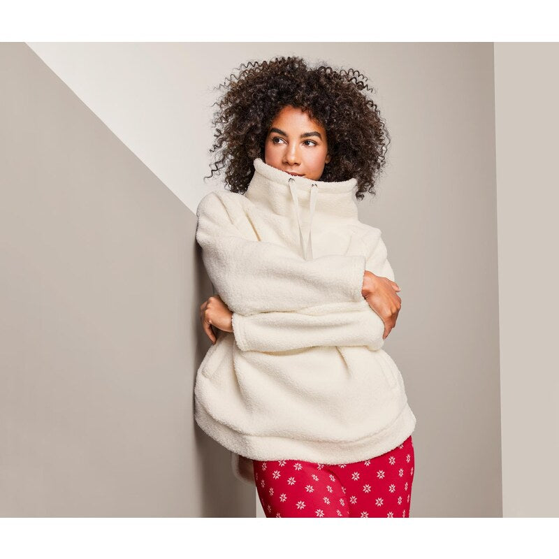 Дамски уголемен памучен плюшен суитчърт с висока яка, екрю