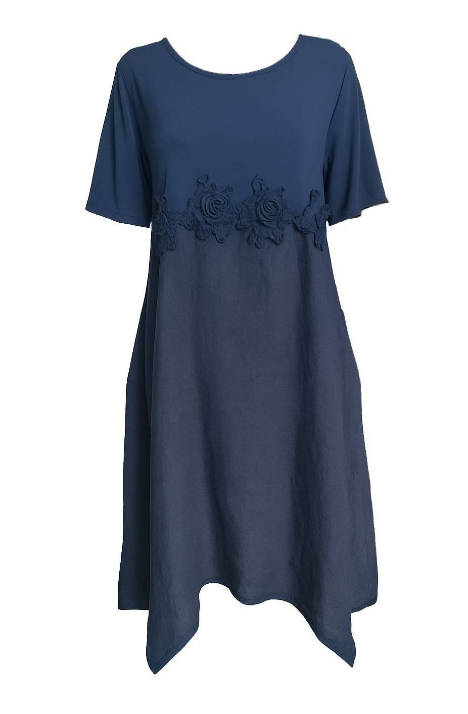 Women's blue linen dress with floral appliqués, collection 2025