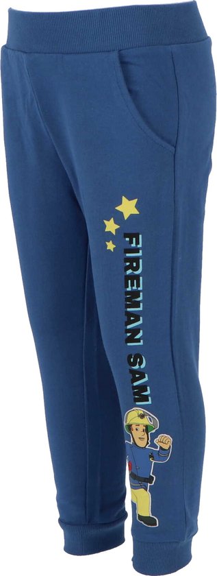 Children's elastic sports pants, dark blue with print 