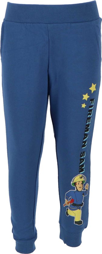 Children's elastic sports pants, dark blue with print 