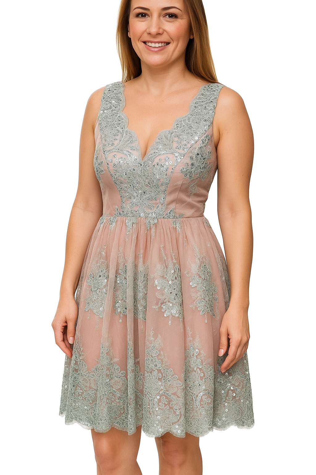 Vera Mont Women's elegant dress in pink with embroidery and lace