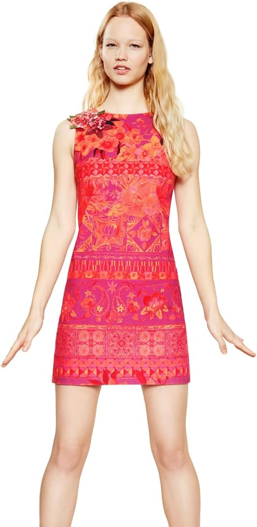 Desigual Women's short cotton dress Ignacio, red with floral print