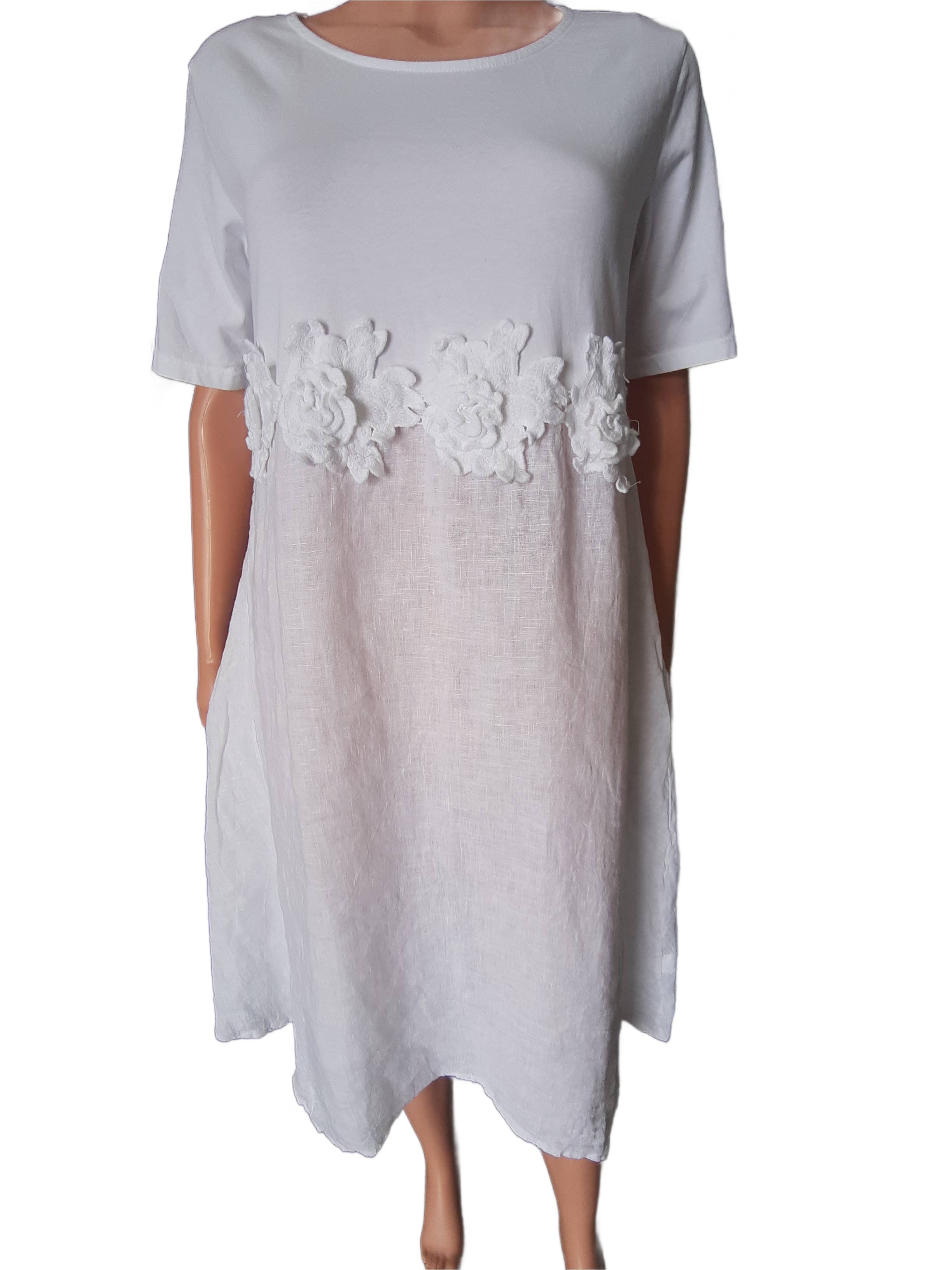 Women's linen dress with floral appliqués, collection 2025