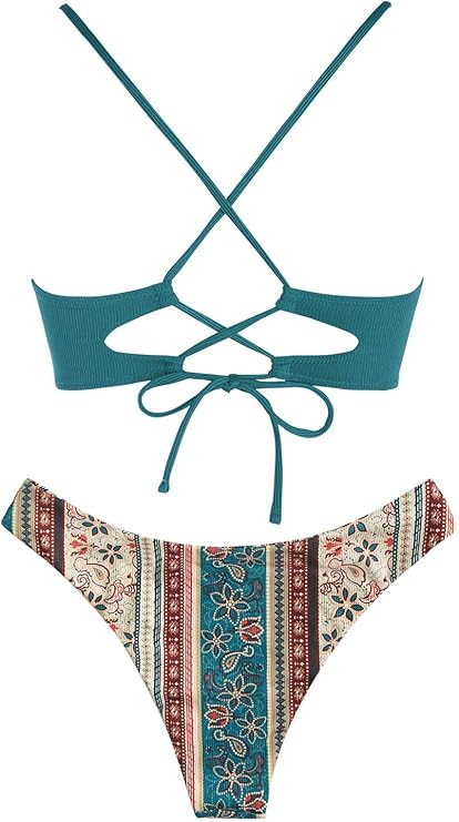 Zaful Swimsuit with colorful bottoms and bra in deep green, summer 2025