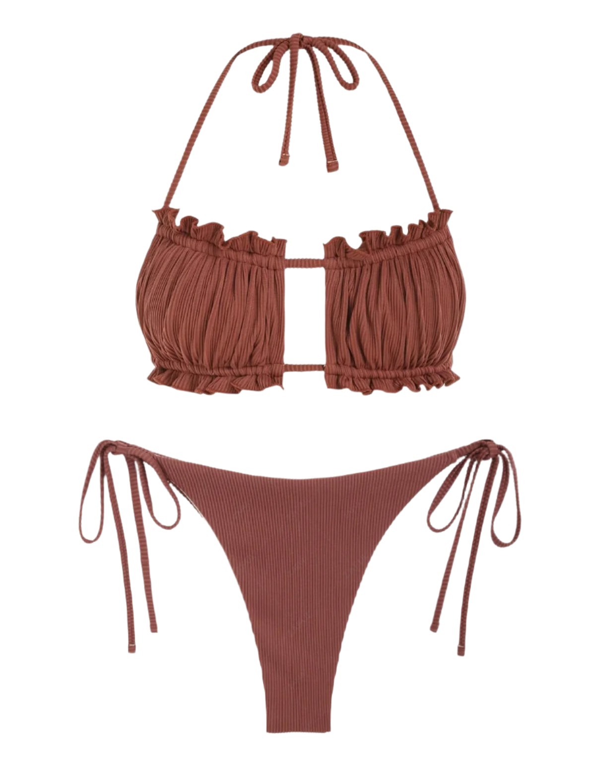 Zaful Embossed Ruffle Swimsuit Summer 2025, Brown