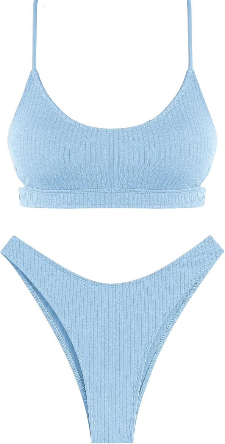 Zaful Two-piece swimsuit, ribbed bustier, light blue