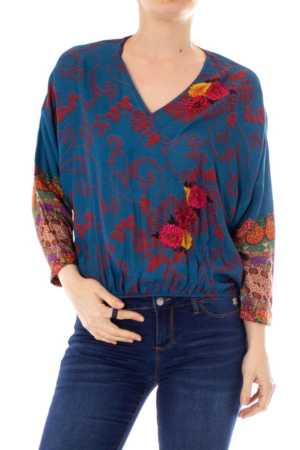 DESIGUAL Women's Elegant Long Sleeve Blouse, Blue with Flowers