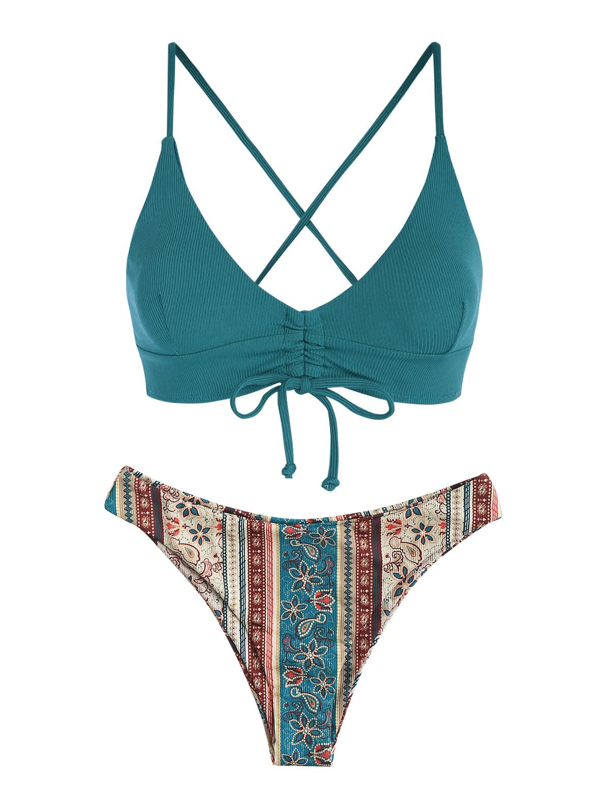 Zaful Swimsuit with colorful bottoms and bra in deep green, summer 2025