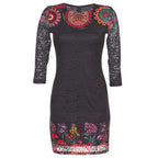 Desigual Дамска дантелена къса рокля Darina, черна с флорални мотиви