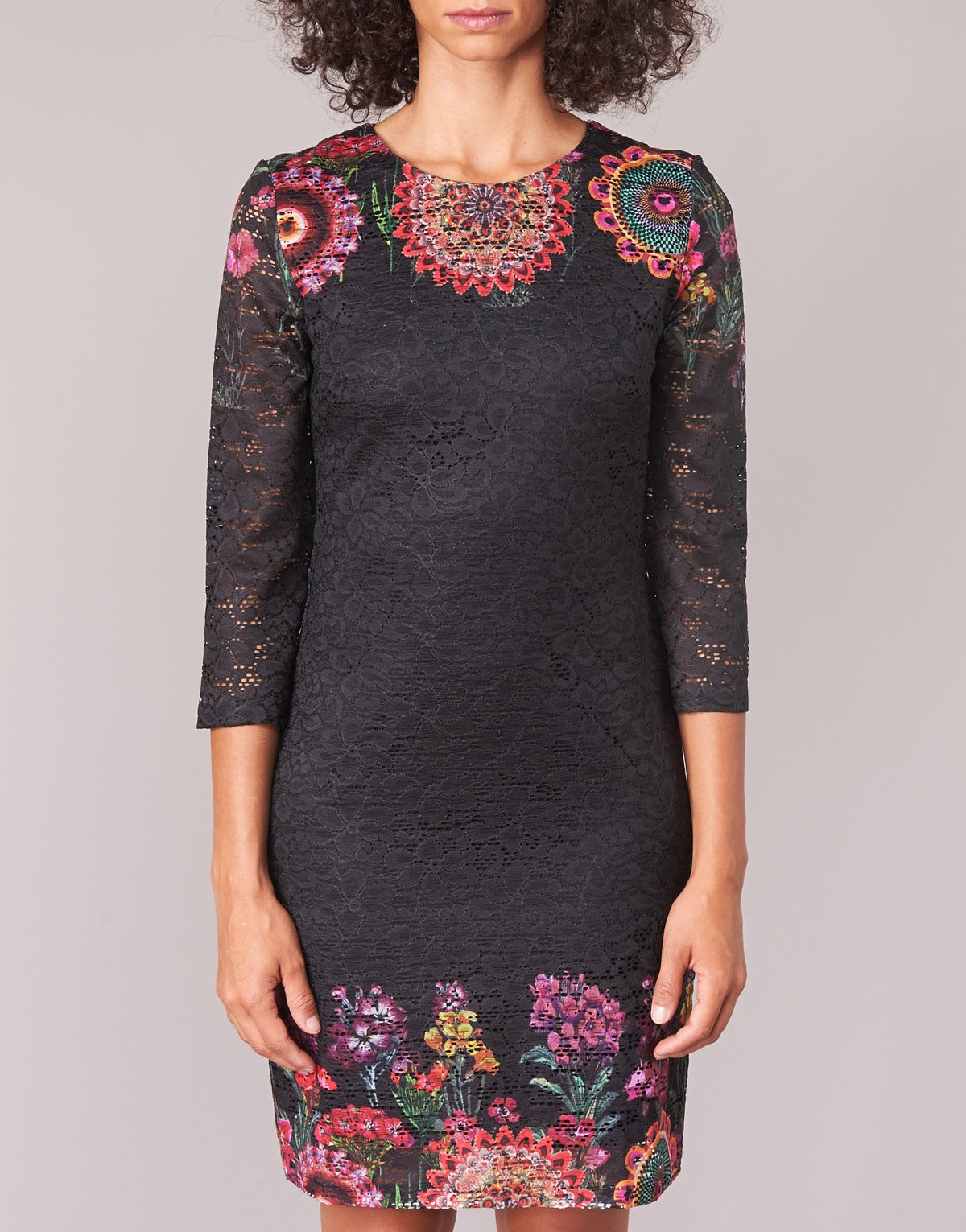 Desigual Women's lace short dress Darina, black with floral motifs