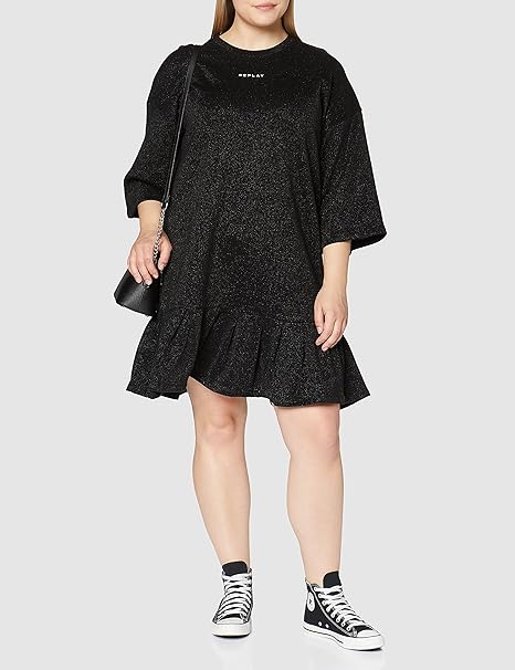 Replay Women's Maxi cotton spring-summer dress, black with gold thread