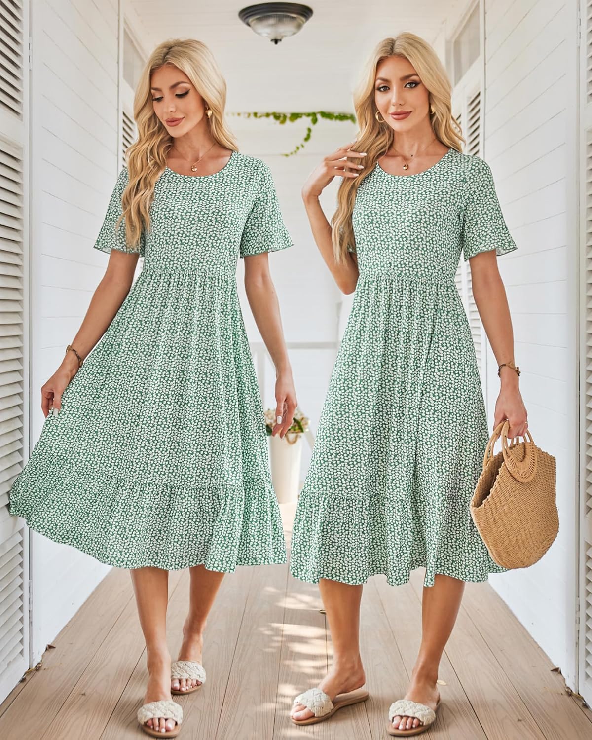 STYLEWORD Women's elegant dress, green with white flowers