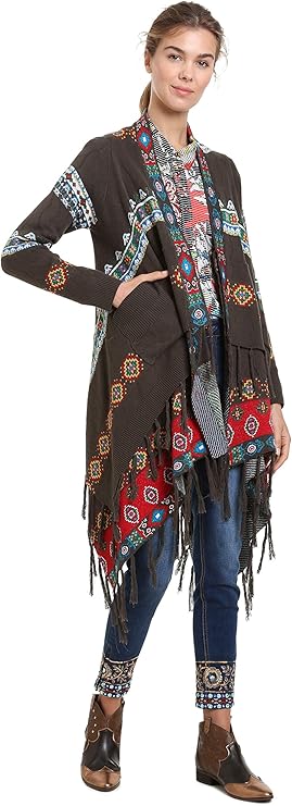 Дамска жилетка с етно мотиви и ресни Desigual