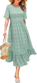 STYLEWORD Women's elegant dress, green with white flowers