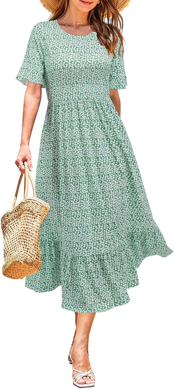 STYLEWORD Women's elegant dress, green with white flowers