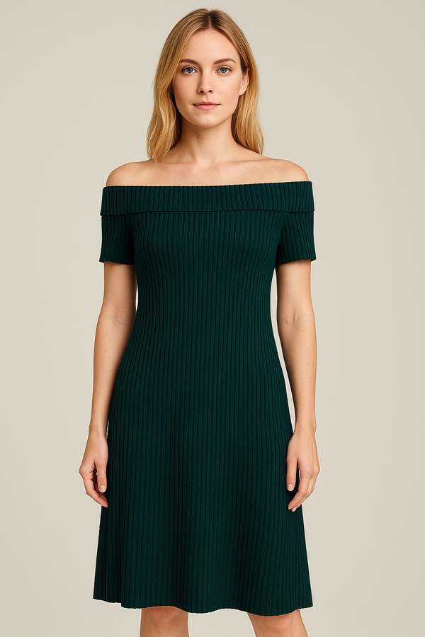 Дамска елегантна рокля от фино плетиво IVKO, тъмно зелена