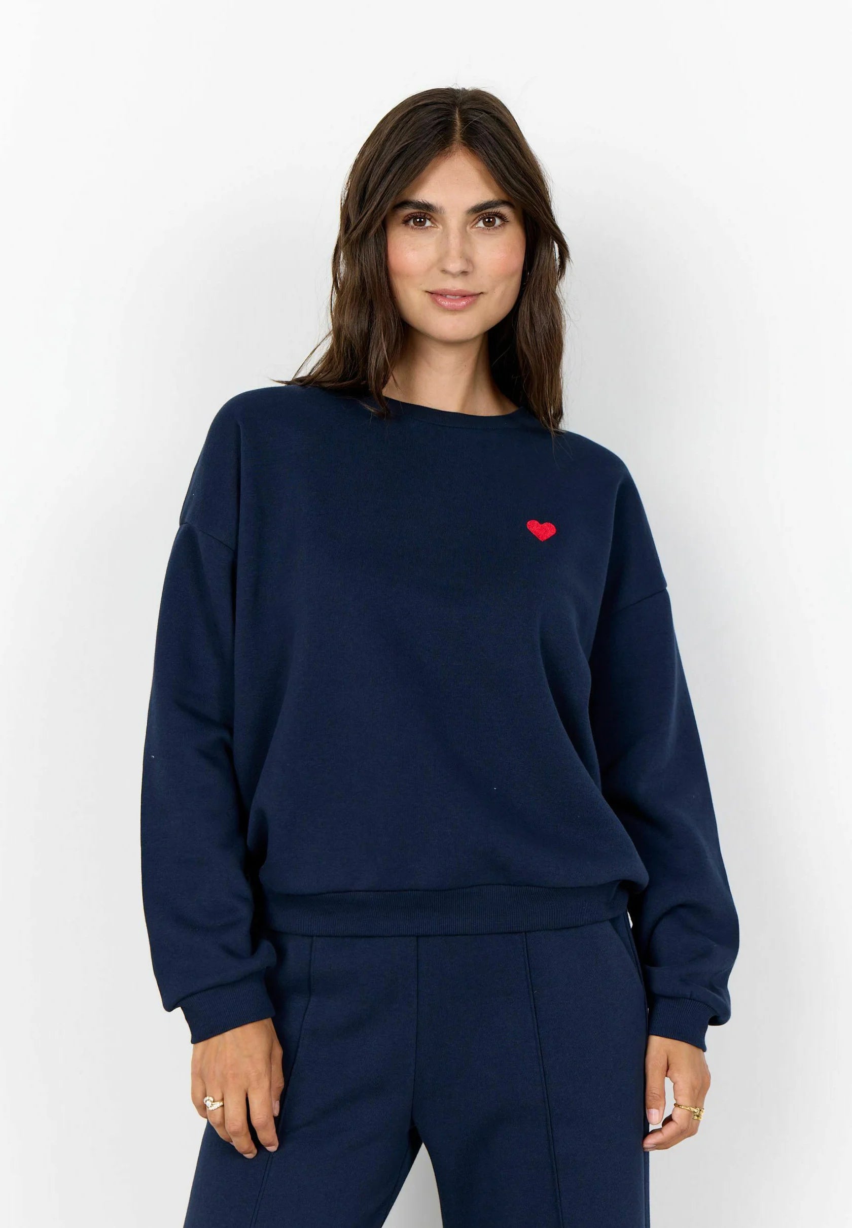 Дамска памучна блуза с принт сърце, тъмносиня