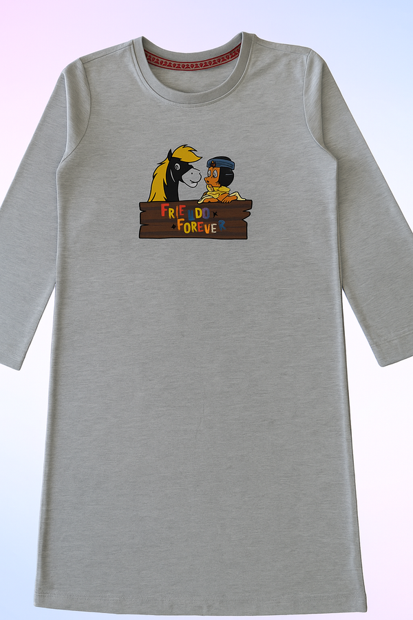 Детска памучна нощница за момиче, сива с щампа