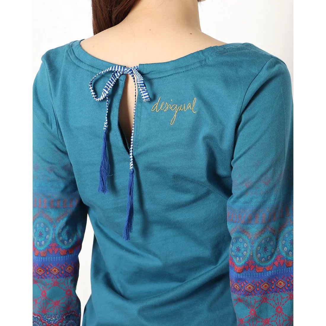Desigual Дамска памучна блуза с щампа и пайети, синя