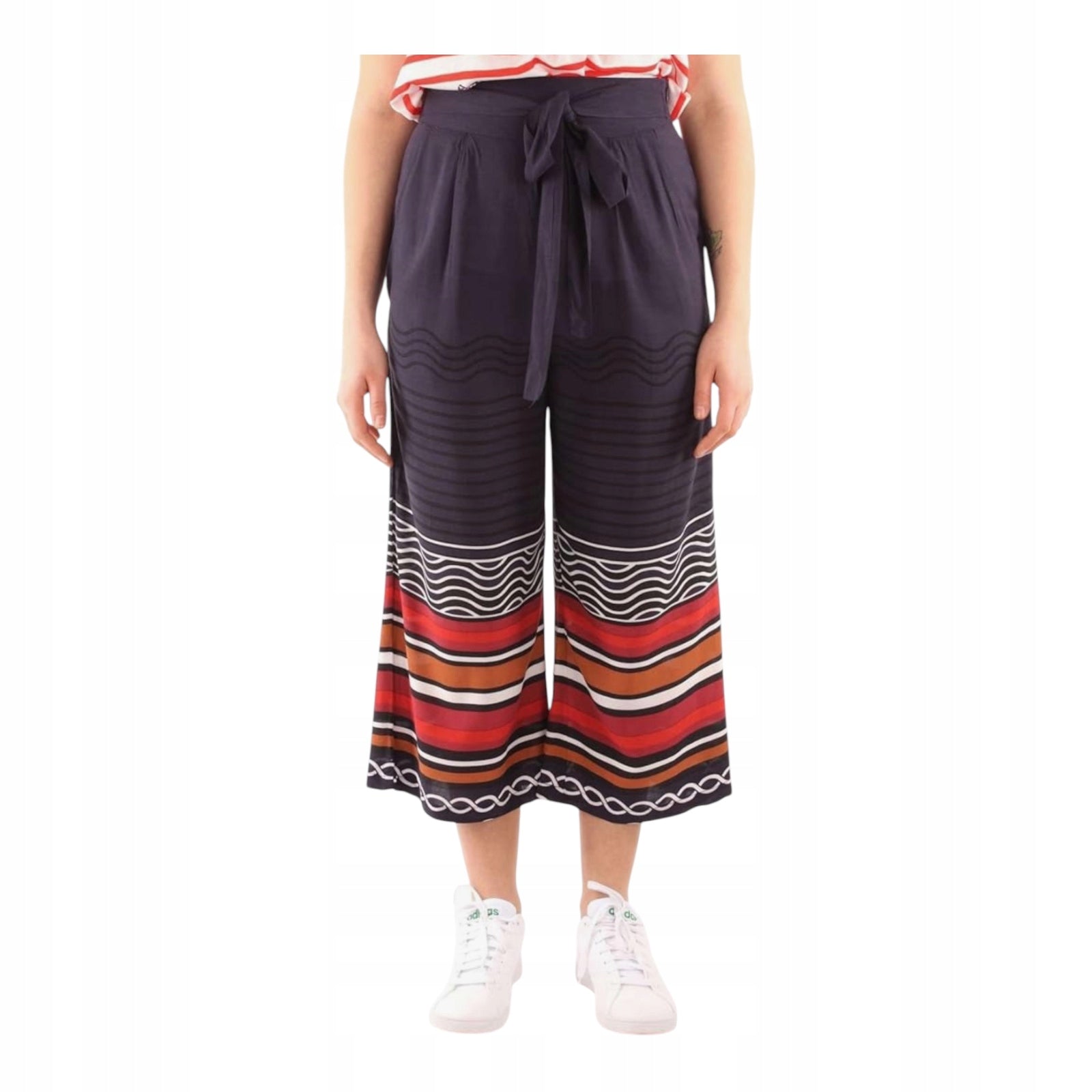 Desigual women's wide-leg pants, dark blue with colorful patterns