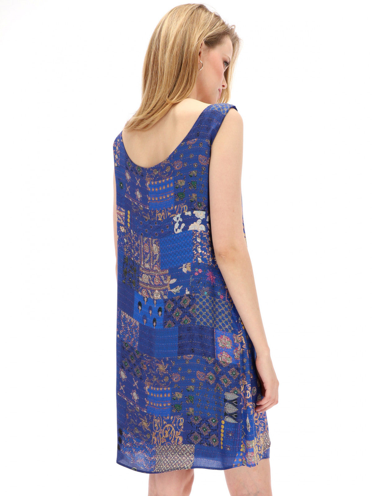 Desigual Women's summer dress, blue with colorful print motifs