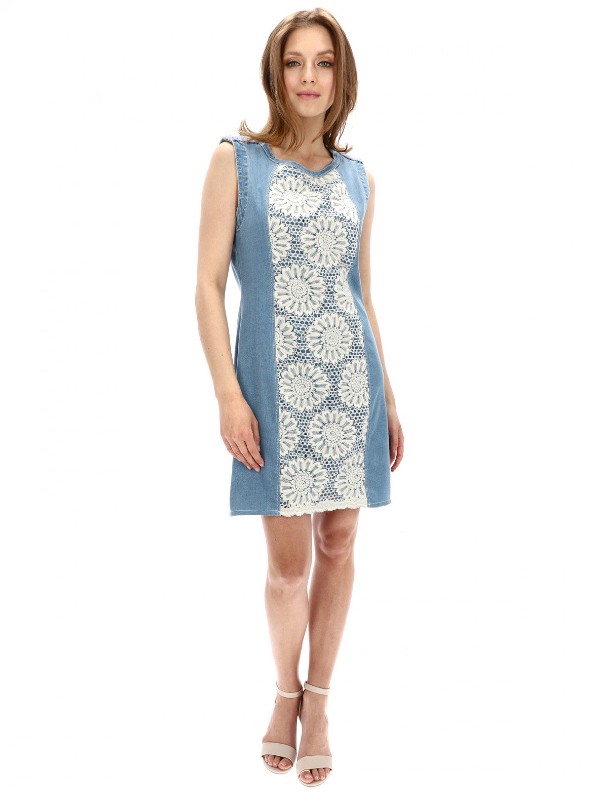 Desigual Women's cotton denim dress, blue with flower embroidery