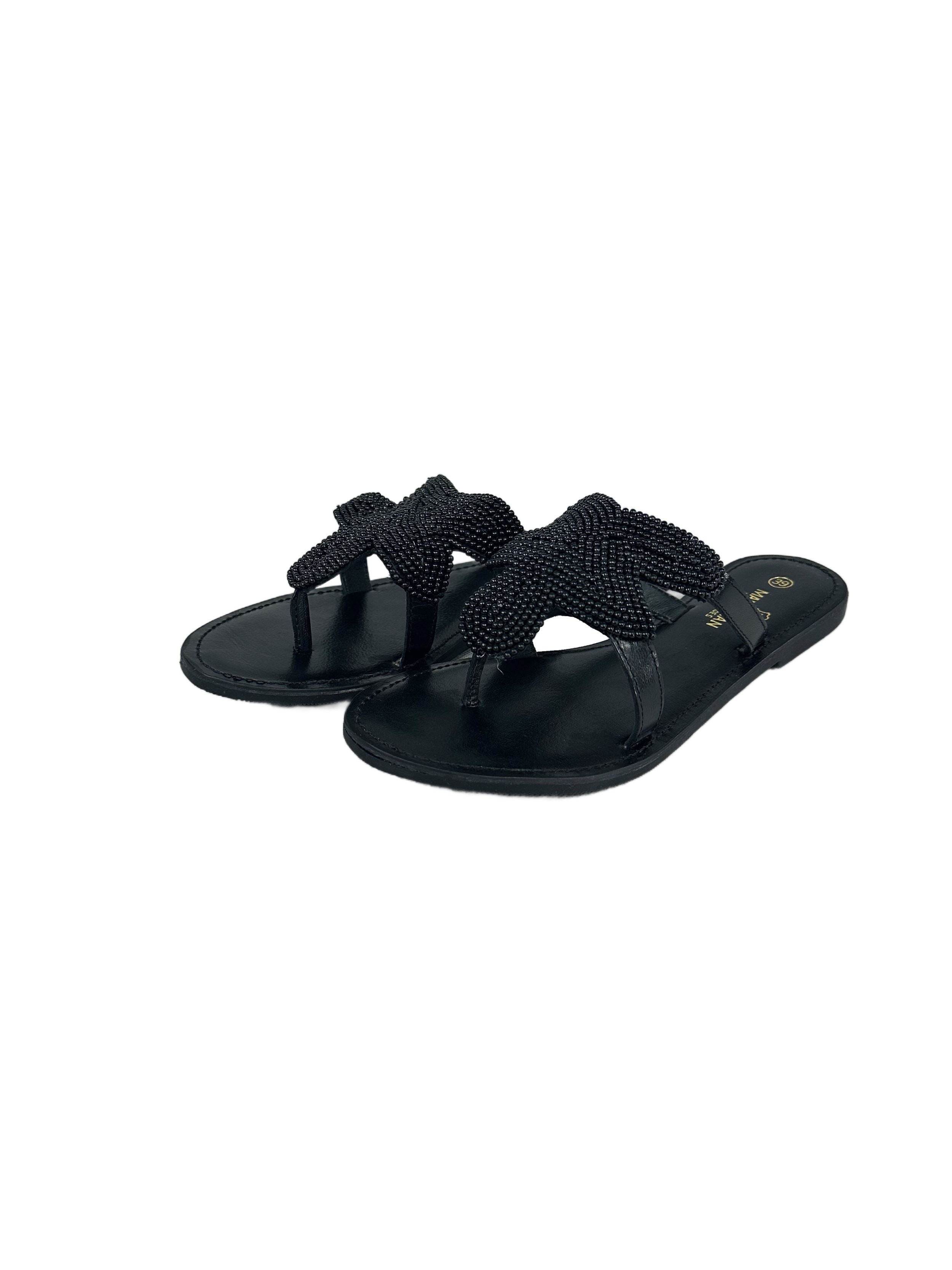 Women's leather slippers with decorative beads Manoukian, black
