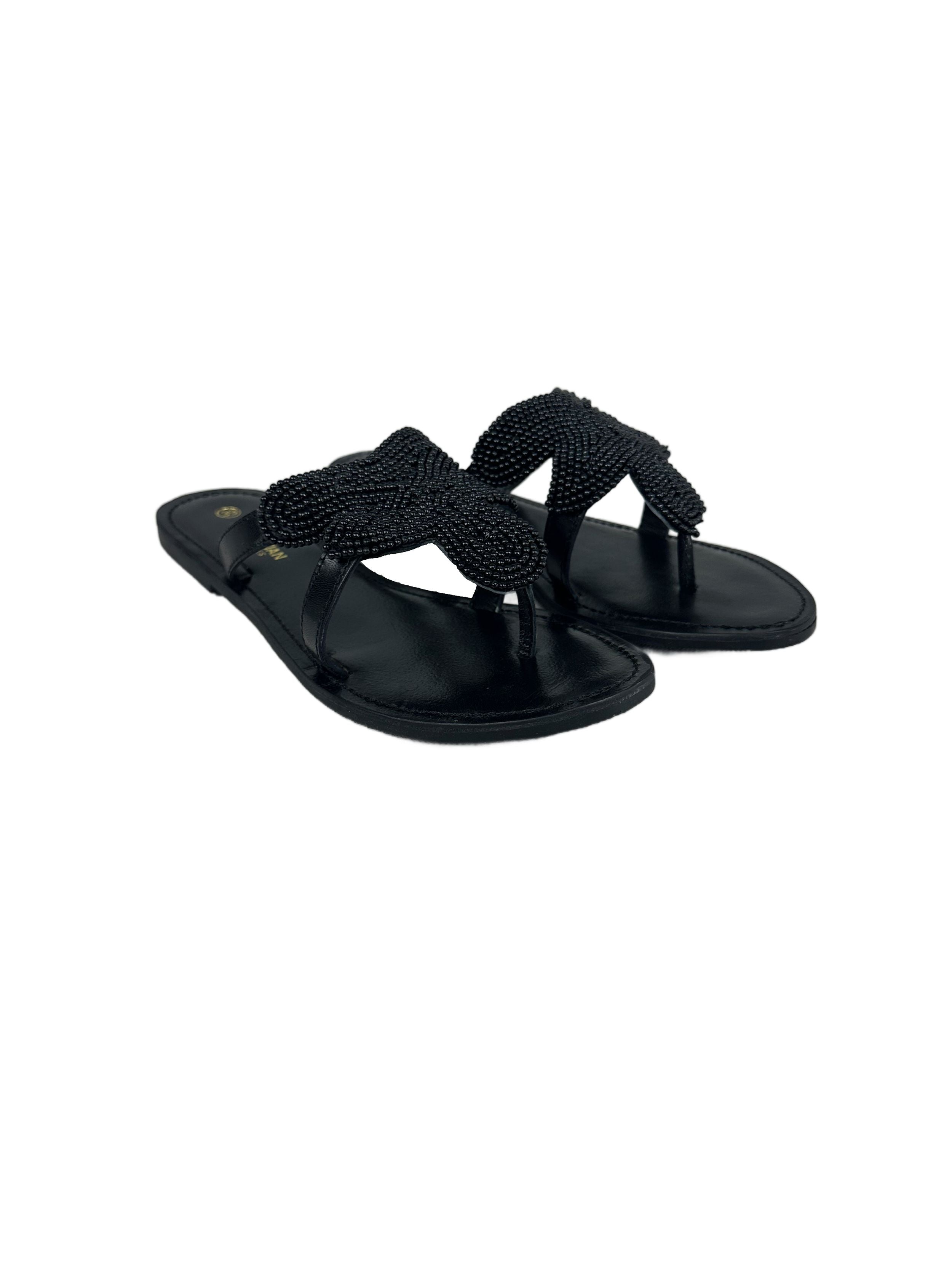 Women's leather slippers with decorative beads Manoukian, black