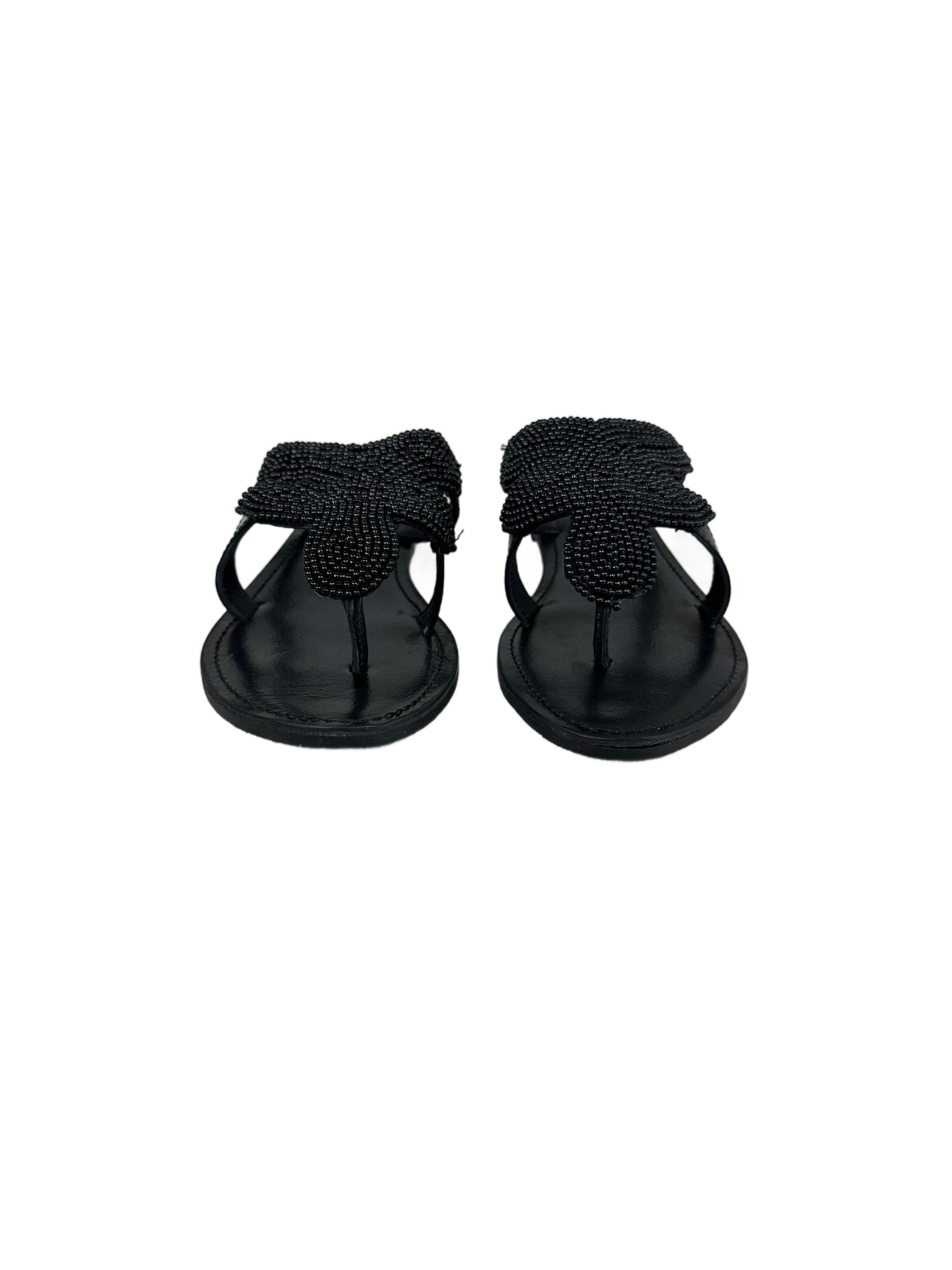 Women's leather slippers with decorative beads Manoukian, black