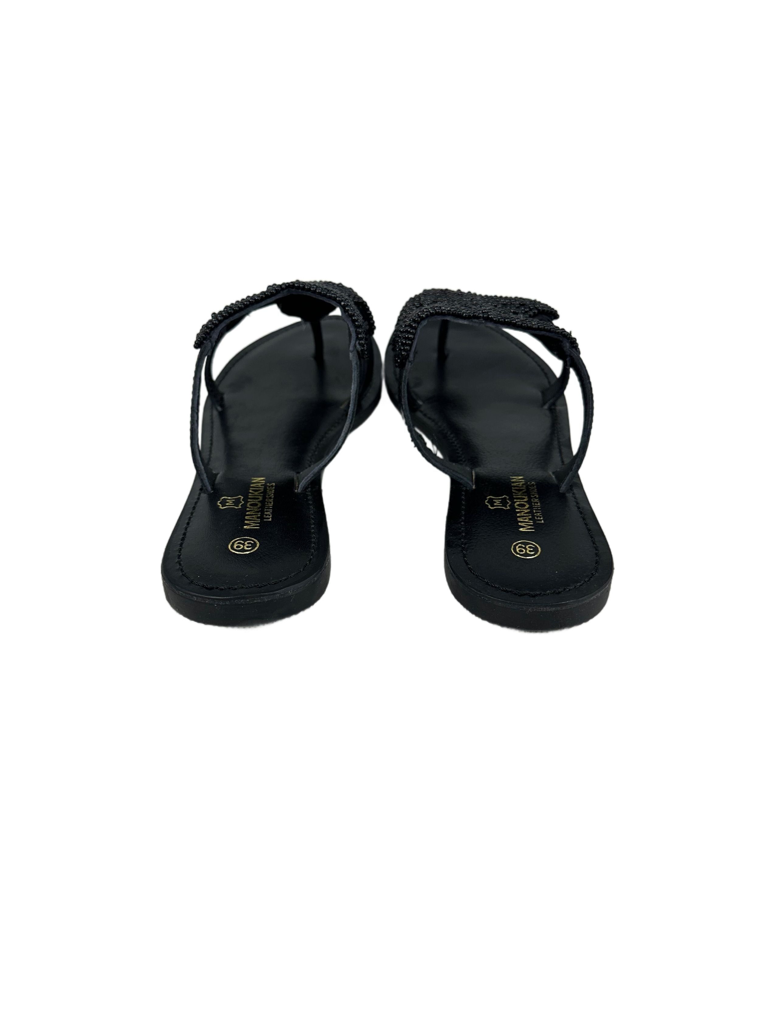Women's leather slippers with decorative beads Manoukian, black