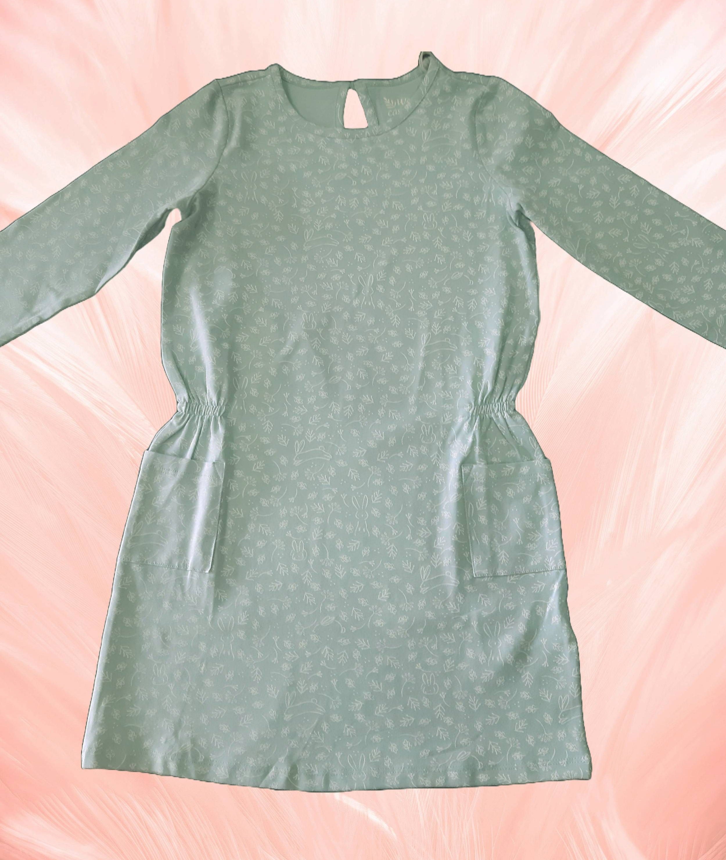 Children's cotton dress, green with print 